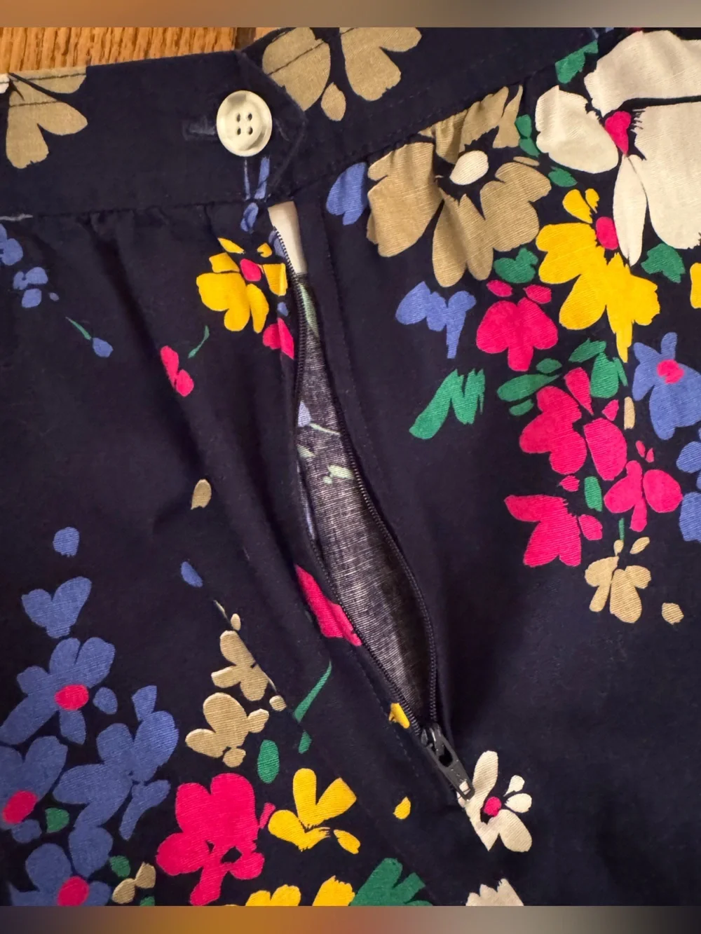 Vintage Aston Navy Floral A-Line Midi Skirt with Pink, White, Yellow & Green